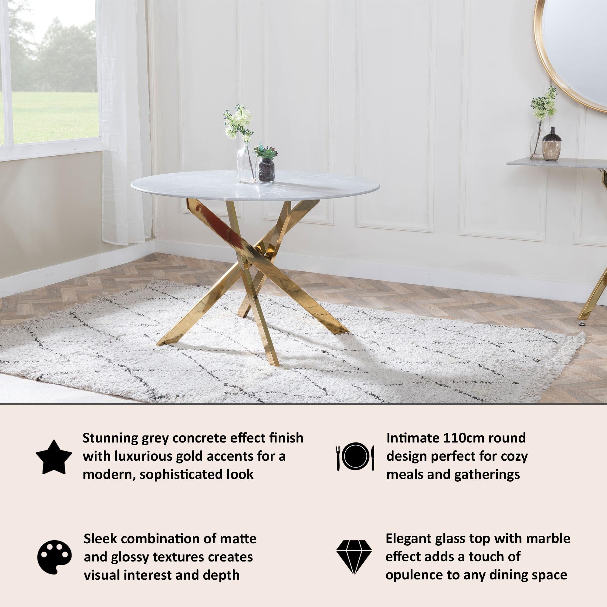Sutton 110cm Grey and Gold Round Dining Table - Glass Top with Concrete Effect