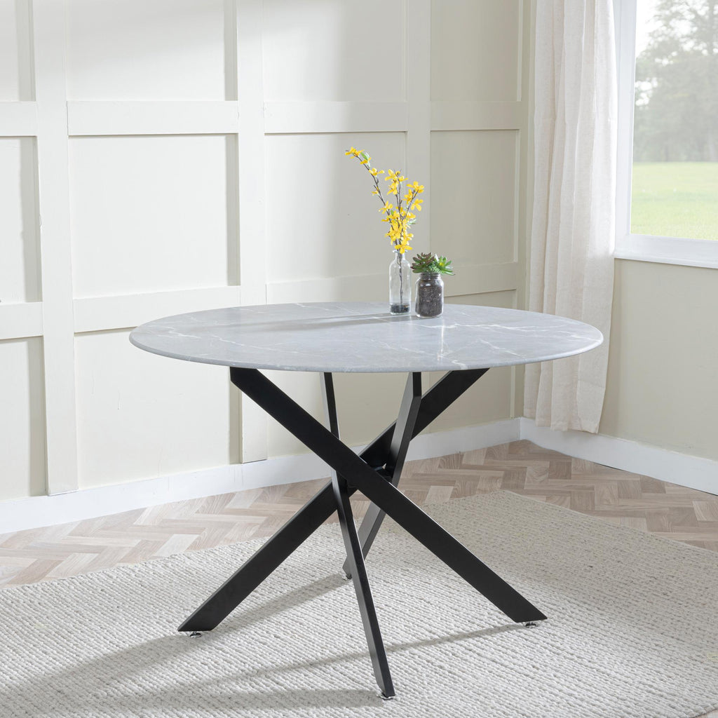 Sutton 110cm Grey and Black Round Dining Table - Glass Top with Concrete Effect