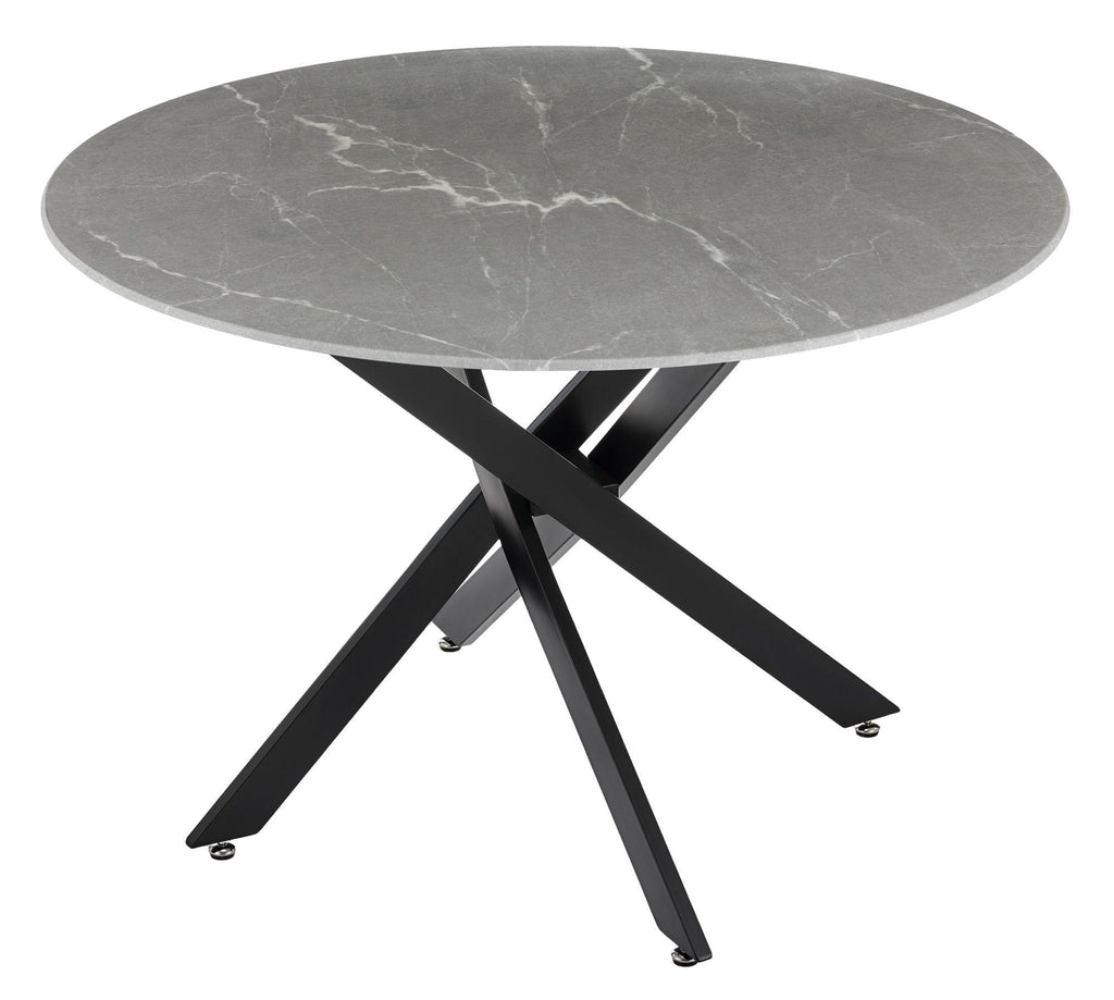 Sutton 110cm Grey and Black Round Dining Table - Glass Top with Concrete Effect
