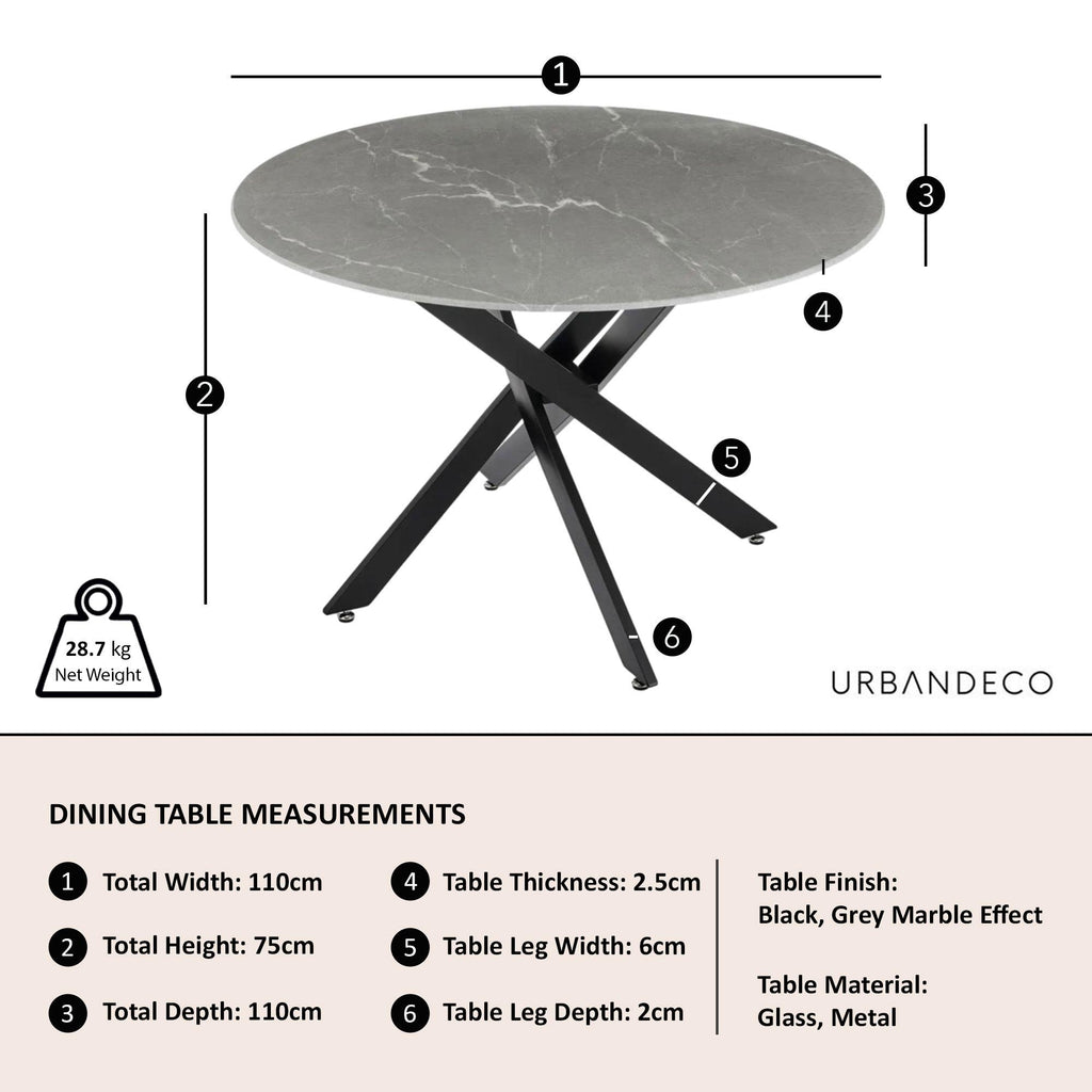 Sutton 110cm Grey and Black Round Dining Table - Glass Top with Concrete Effect