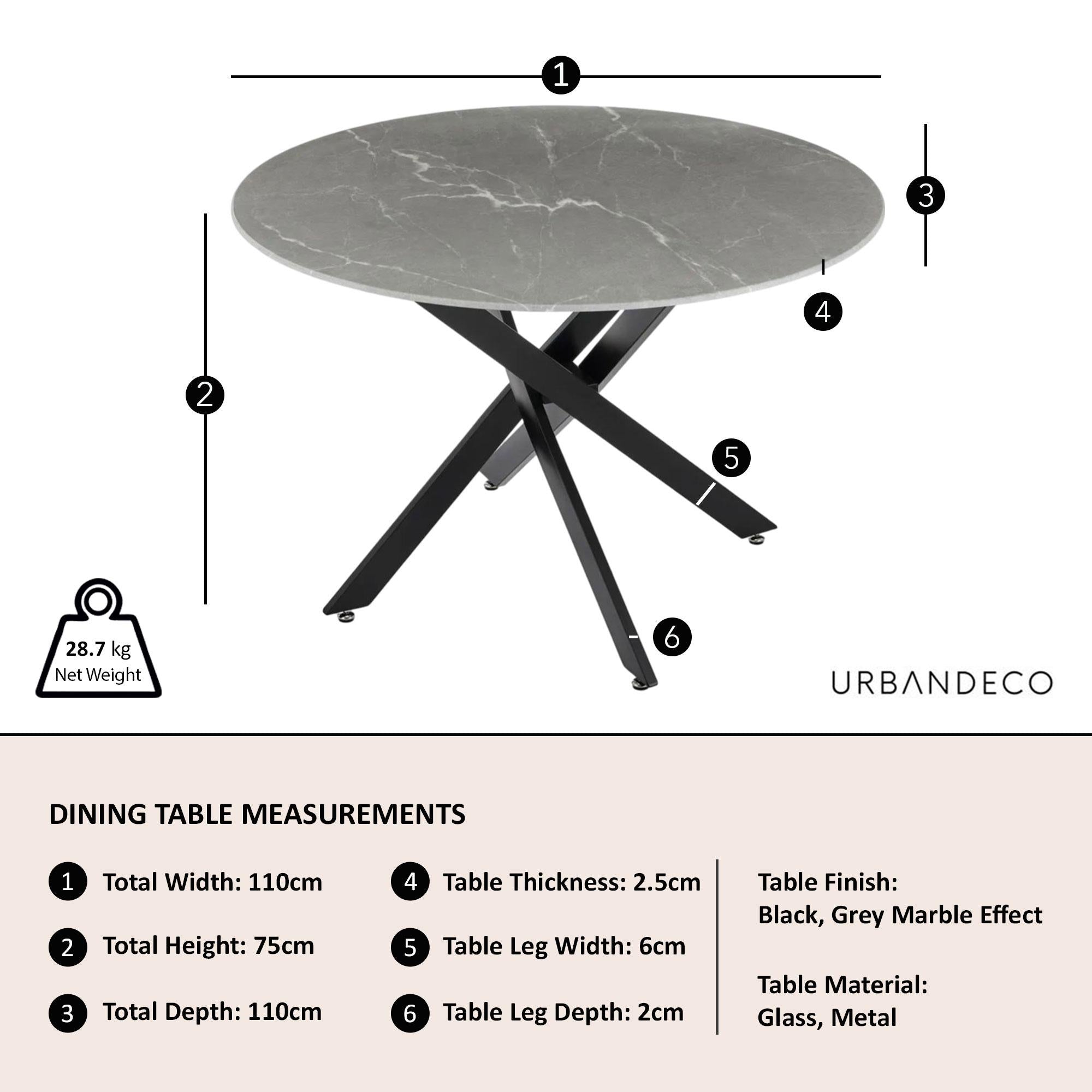 Sutton 110cm Grey and Black Round Dining Table - Glass Top with Concrete Effect