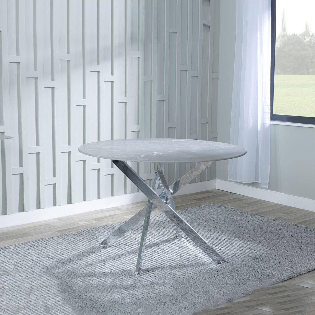 Sutton 110cm Grey and Chrome Round Dining Table - Glass Top with Concrete Effect