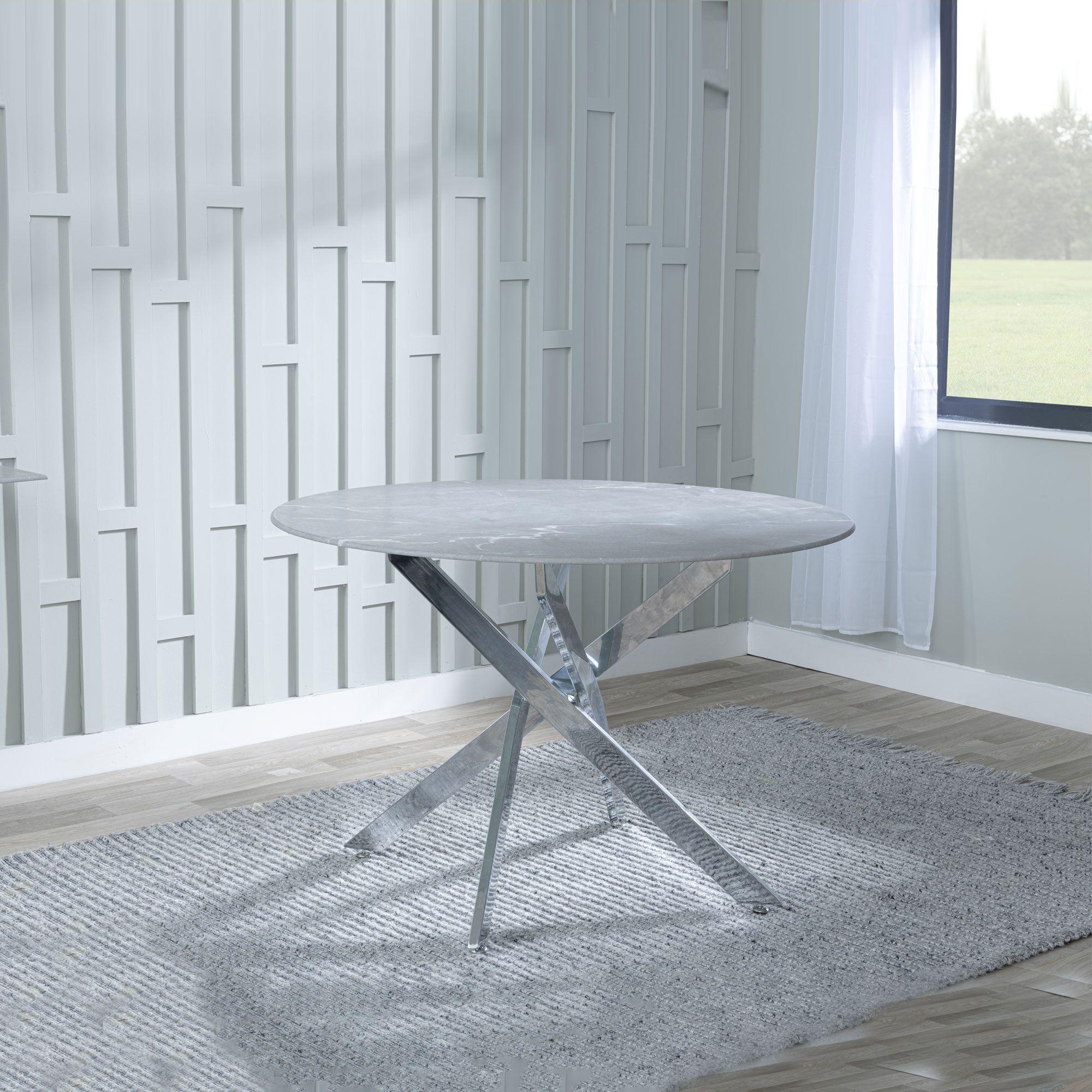 Sutton 110cm Grey and Chrome Round Dining Table - Glass Top with Concrete Effect