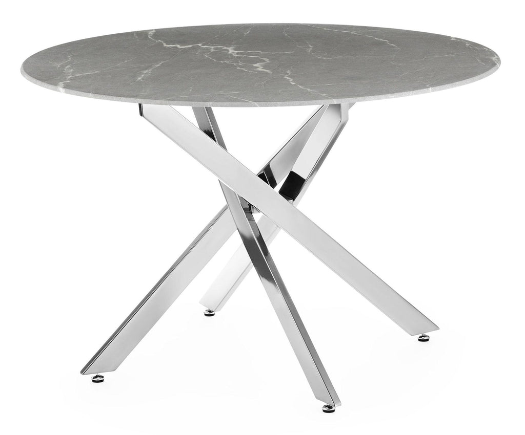 Sutton 110cm Grey and Chrome Round Dining Table - Glass Top with Concrete Effect