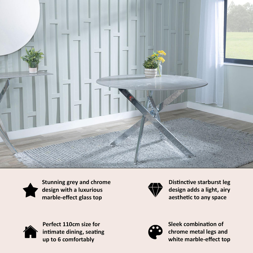 Sutton 110cm Grey and Chrome Round Dining Table - Glass Top with Concrete Effect