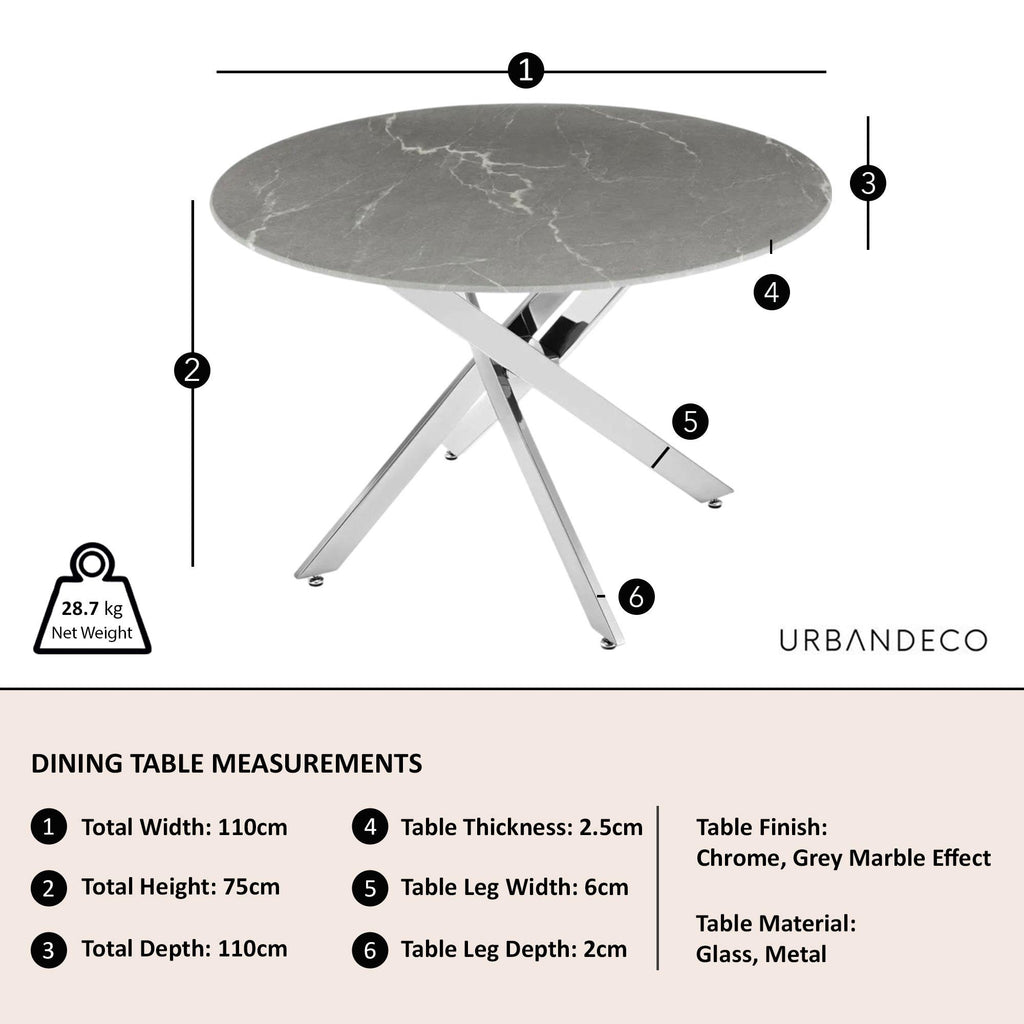Sutton 110cm Grey and Chrome Round Dining Table - Glass Top with Concrete Effect