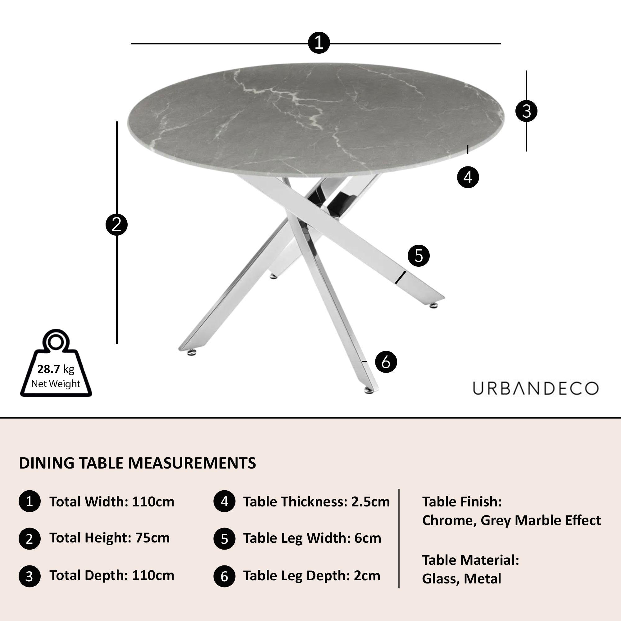 Sutton 110cm Grey and Chrome Round Dining Table - Glass Top with Concrete Effect