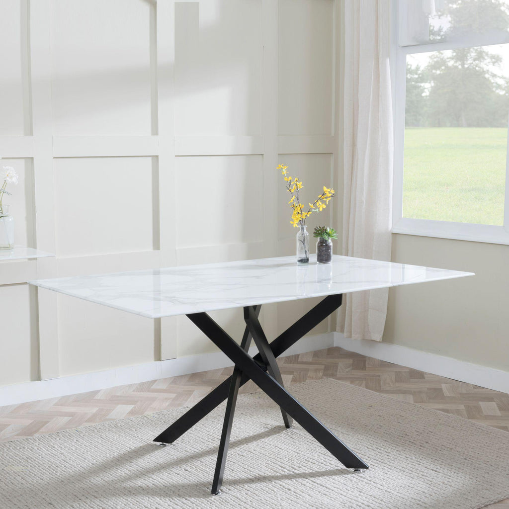 Sutton 150cm White and Black Dining Table - Glass Top with Marble Effect