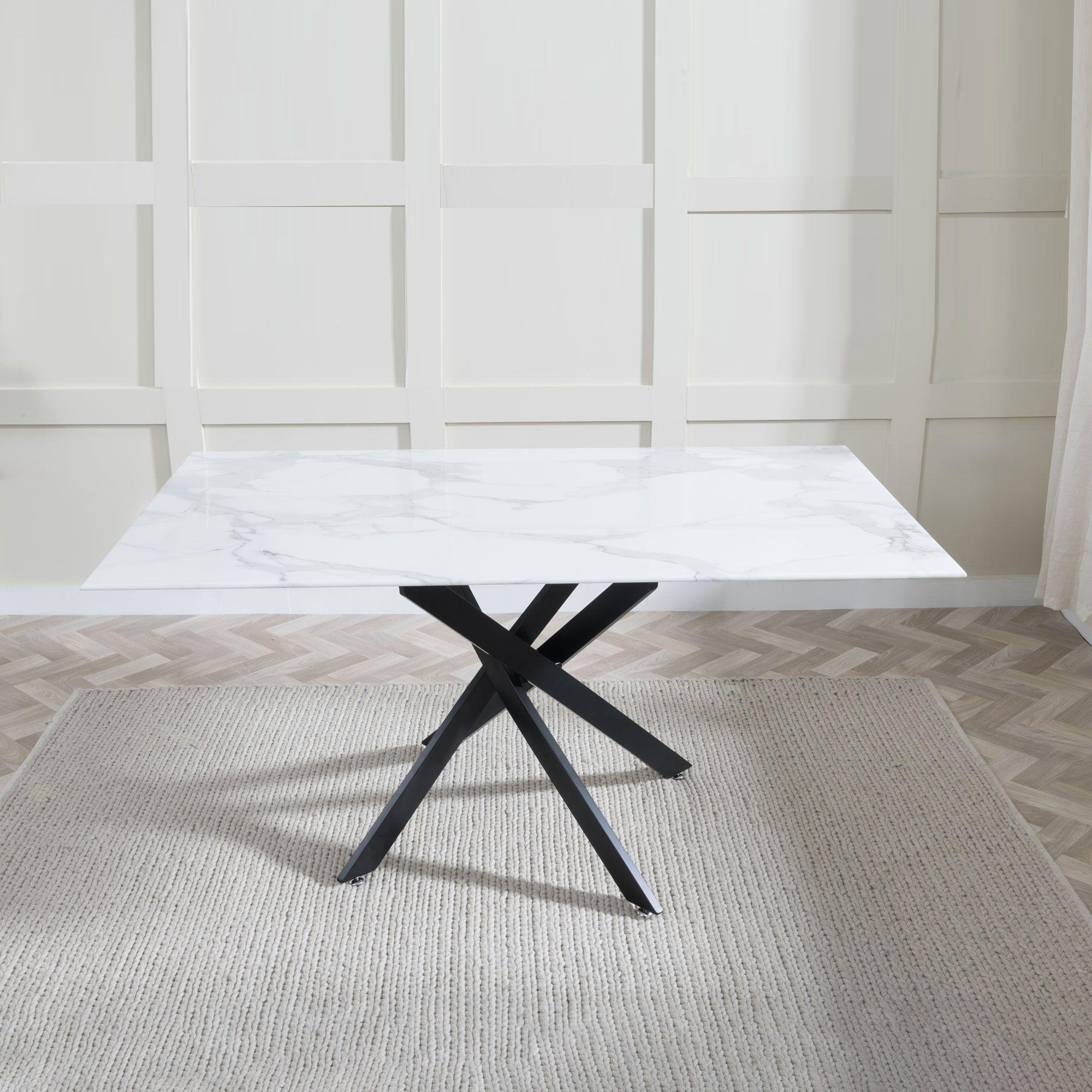 Sutton 150cm White and Black Dining Table - Glass Top with Marble Effect