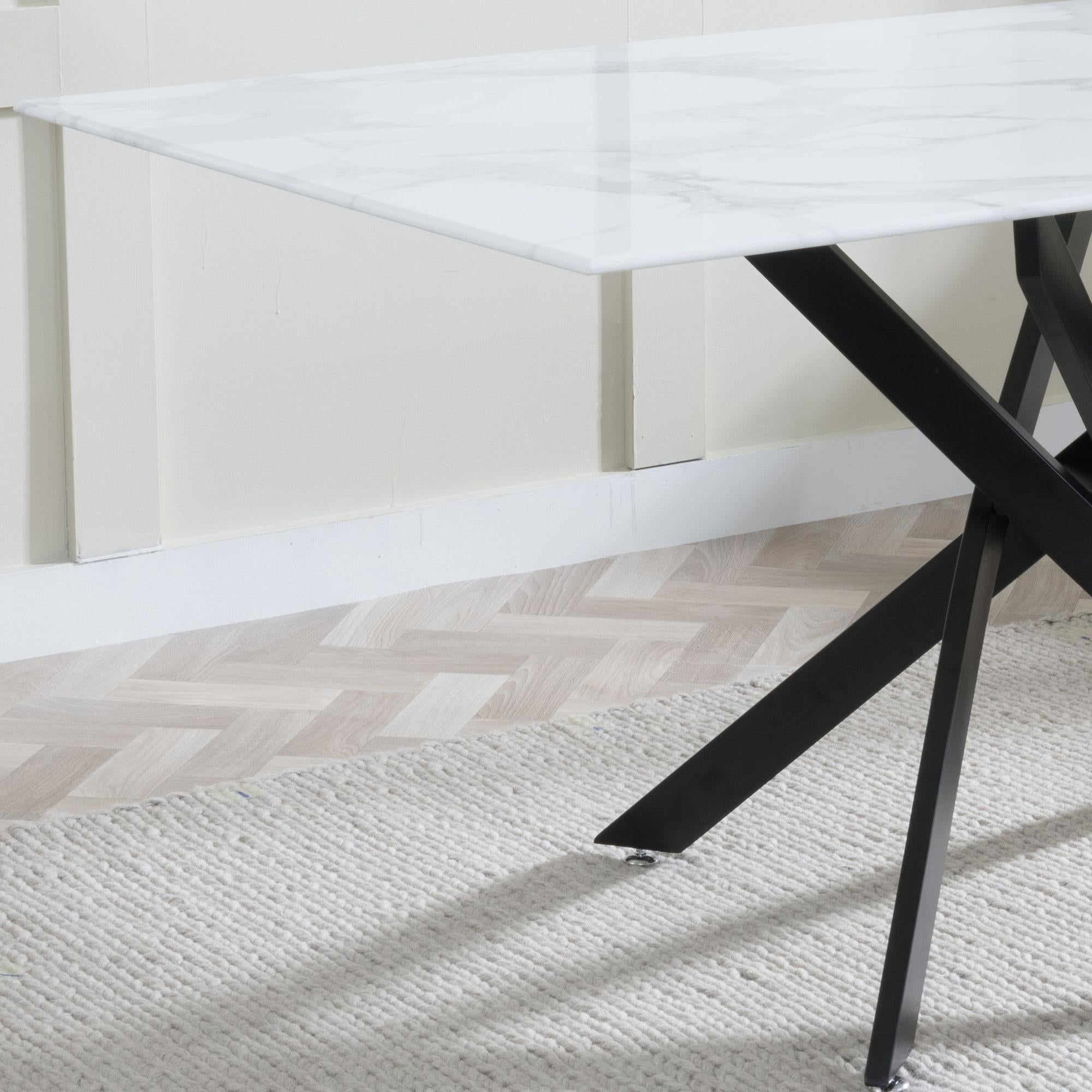 Sutton 150cm White and Black Dining Table - Glass Top with Marble Effect