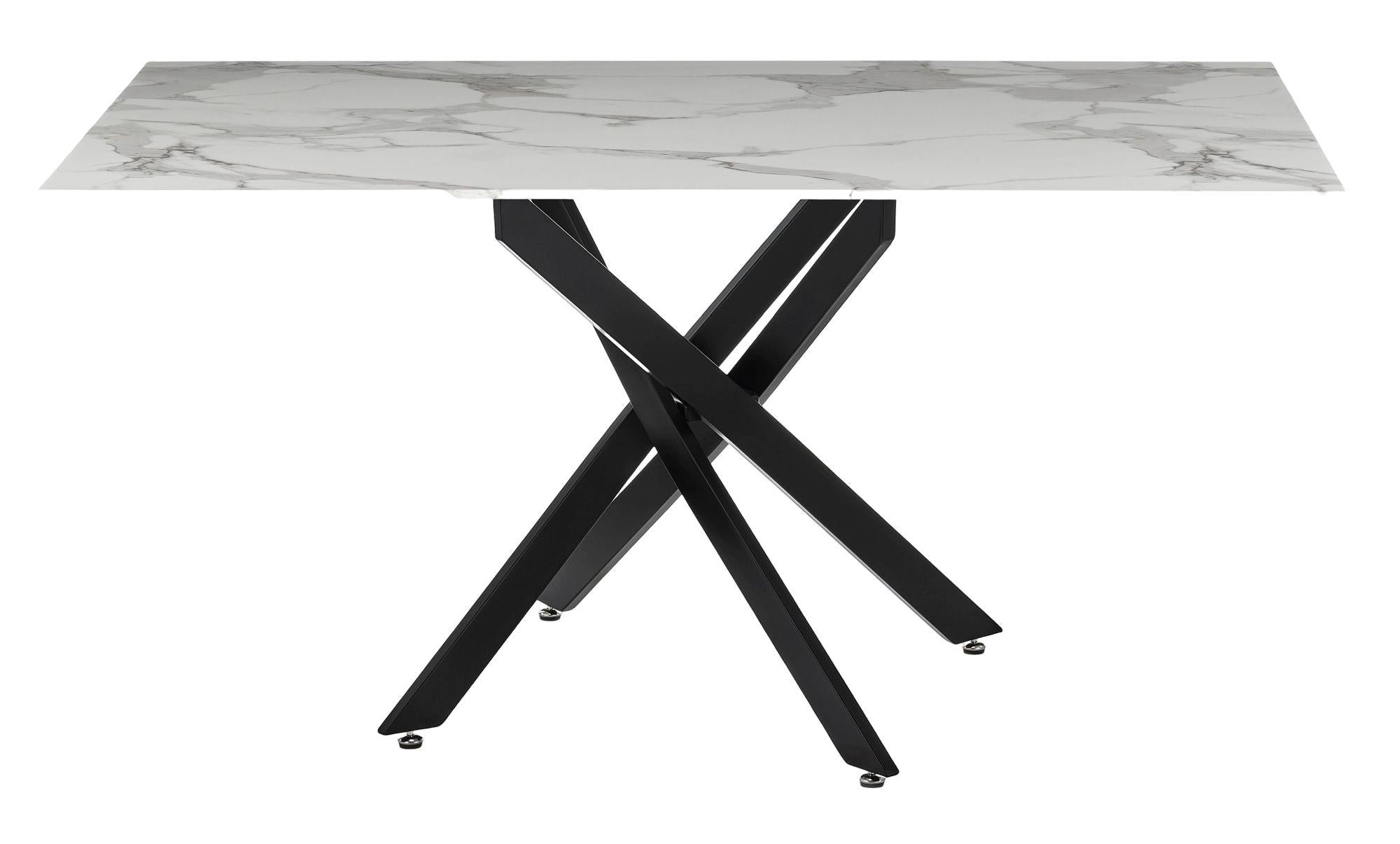 Sutton 150cm White and Black Dining Table - Glass Top with Marble Effect