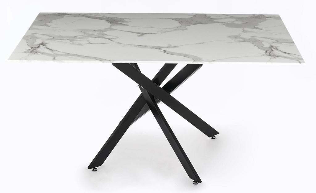 Sutton 150cm White and Black Dining Table - Glass Top with Marble Effect