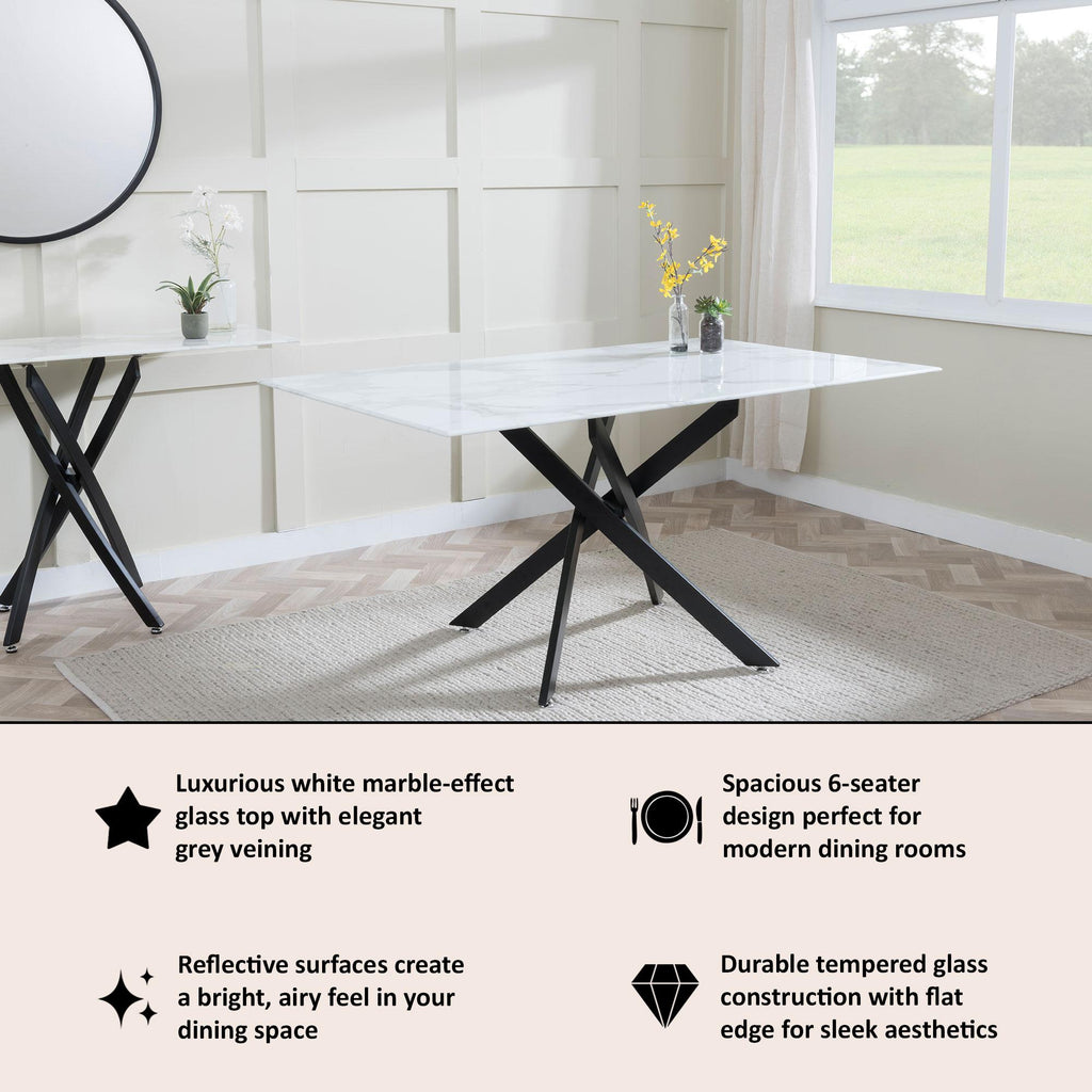 Sutton 150cm White and Black Dining Table - Glass Top with Marble Effect