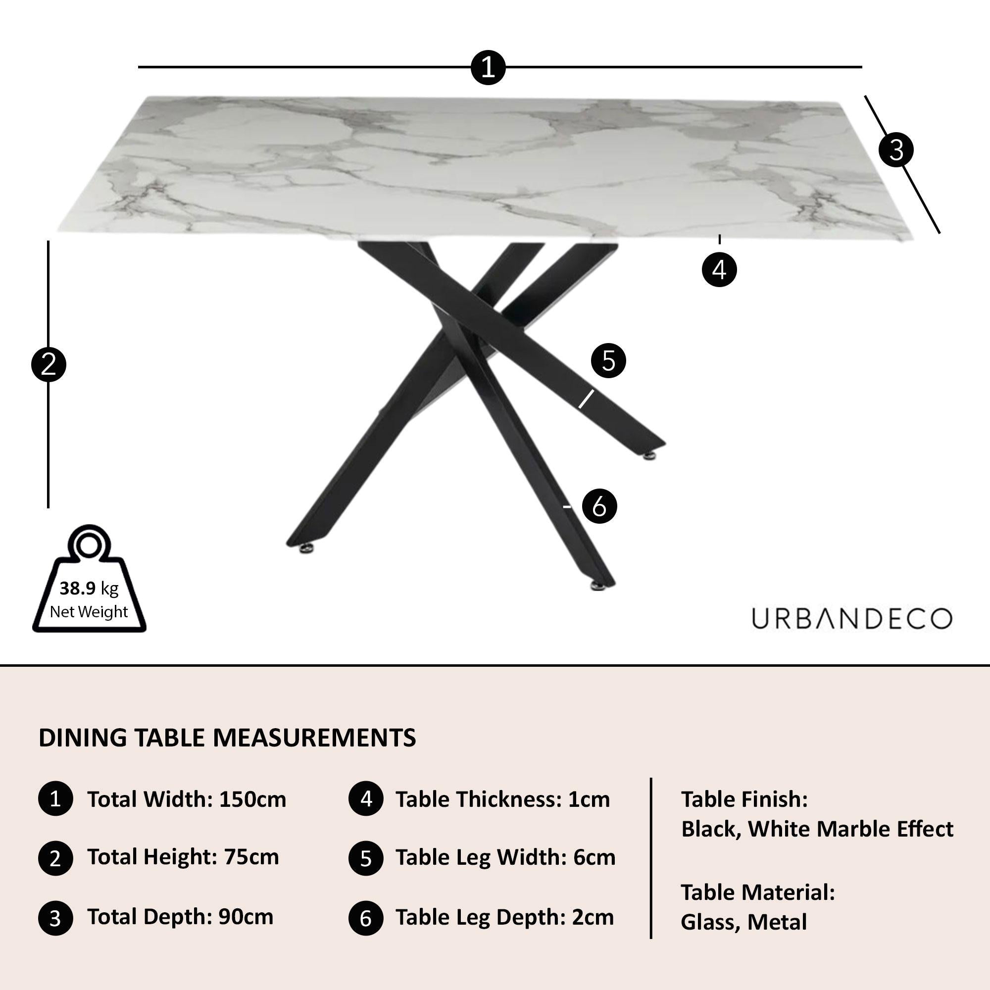 Sutton 150cm White and Black Dining Table - Glass Top with Marble Effect