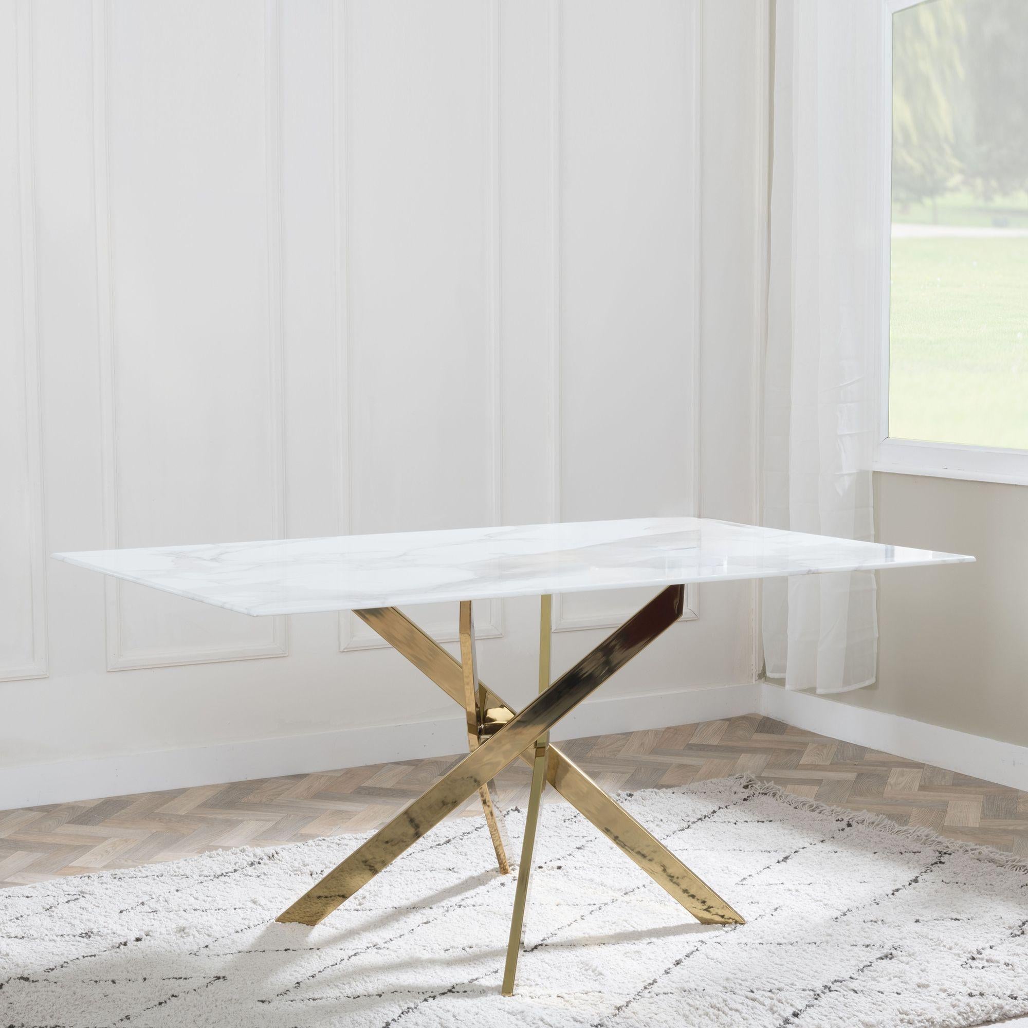 Sutton 150cm White and Gold Dining Table - Glass Top with Marble Effect