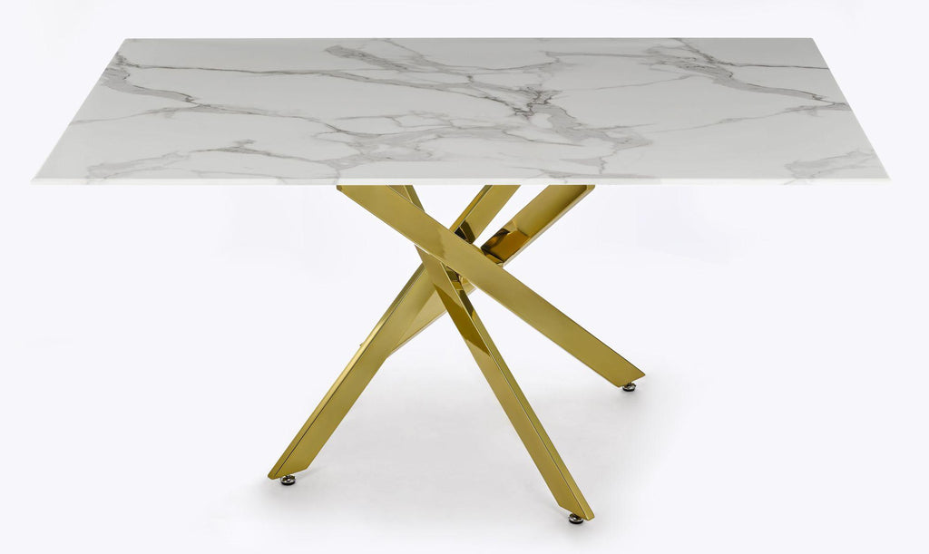 Sutton 150cm White and Gold Dining Table - Glass Top with Marble Effect