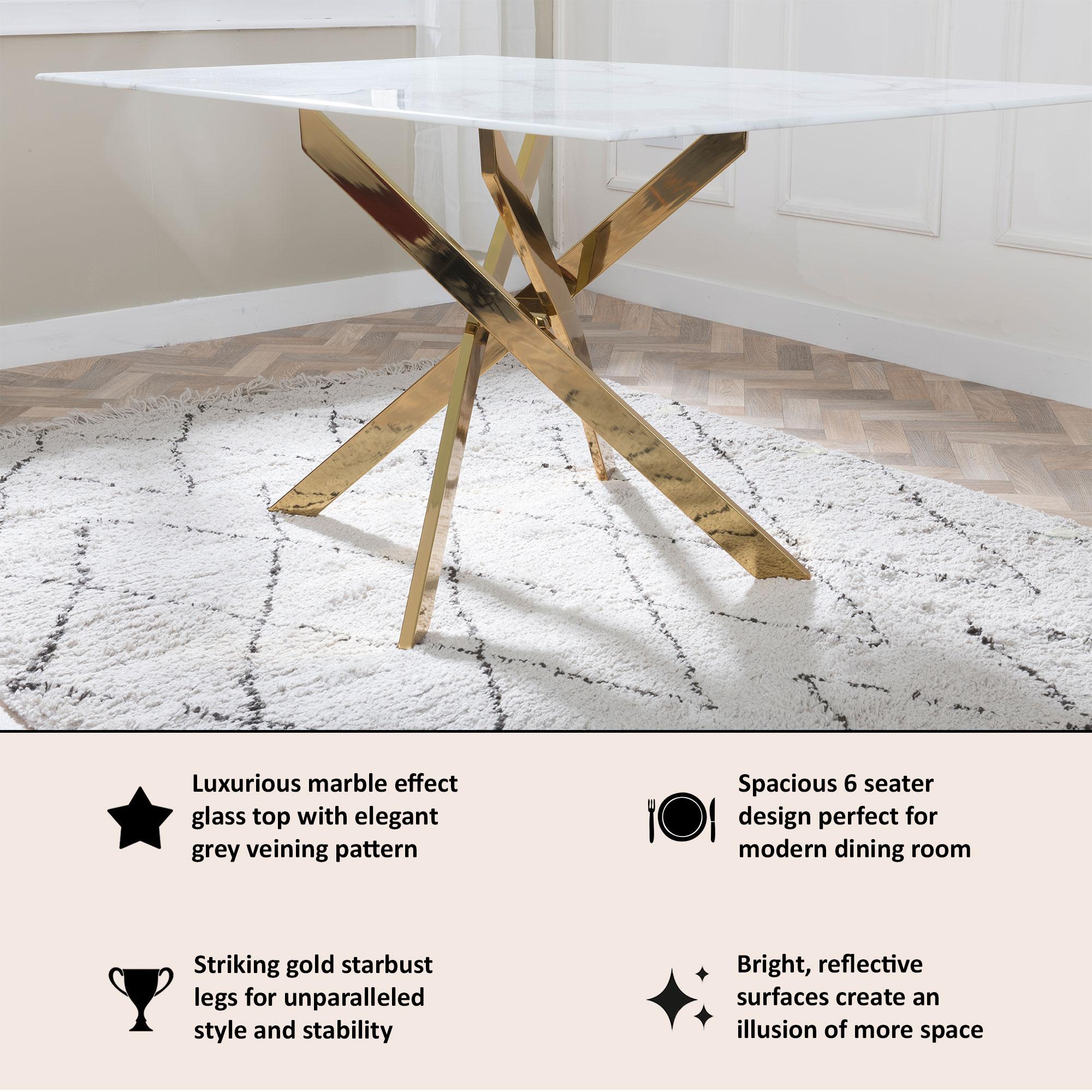 Sutton 150cm White and Gold Dining Table - Glass Top with Marble Effect