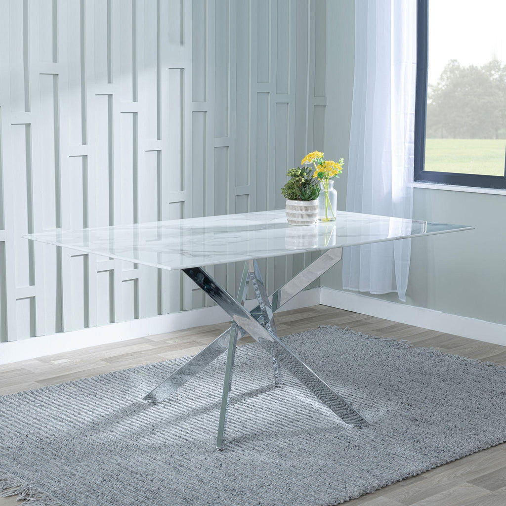 Sutton 150cm White and Chrome Dining Table - Glass Top with Marble Effect