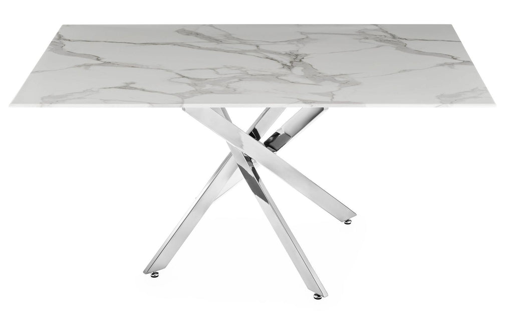 Sutton 150cm White and Chrome Dining Table - Glass Top with Marble Effect