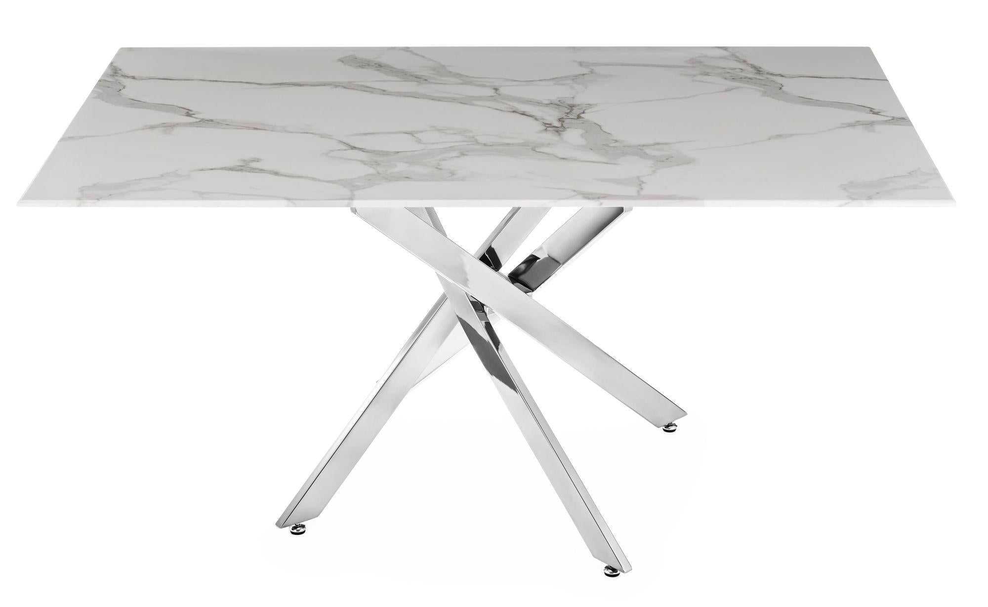 Sutton 150cm White and Chrome Dining Table - Glass Top with Marble Effect