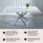 Sutton 150cm White and Chrome Dining Table - Glass Top with Marble Effect