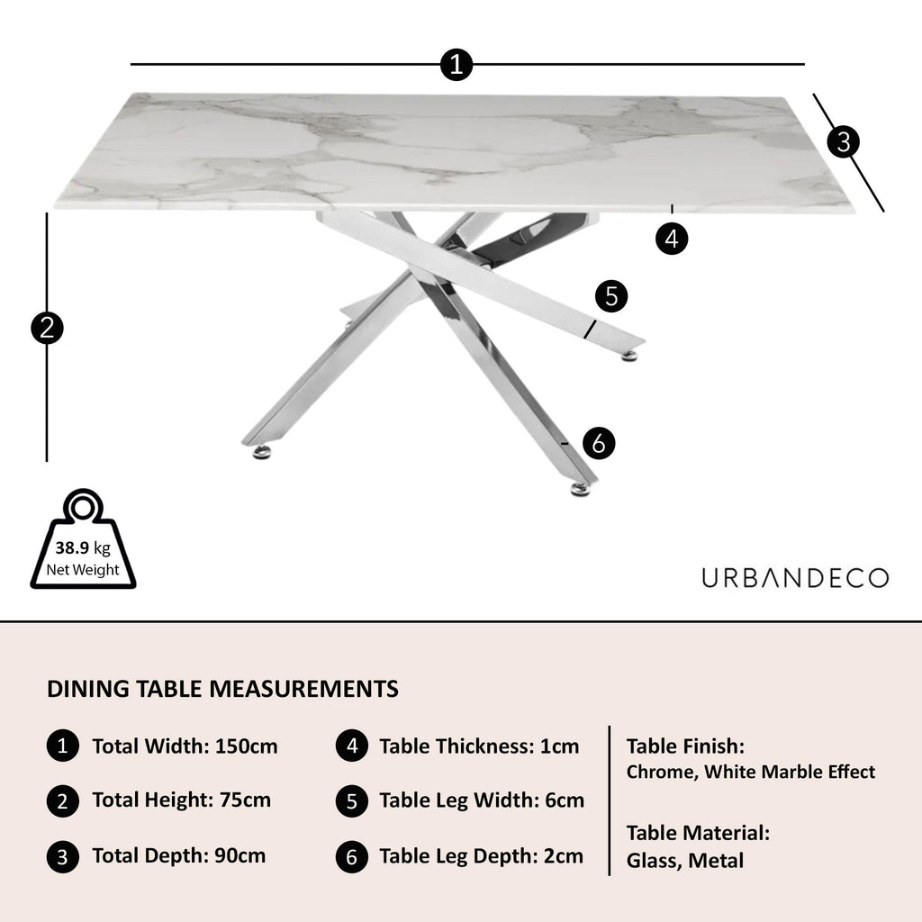 Sutton 150cm White and Chrome Dining Table - Glass Top with Marble Effect
