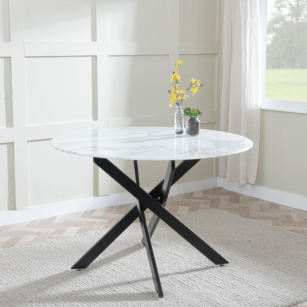 Sutton 110cm White and Black Round Dining Table - Glass Top with Marble Effect