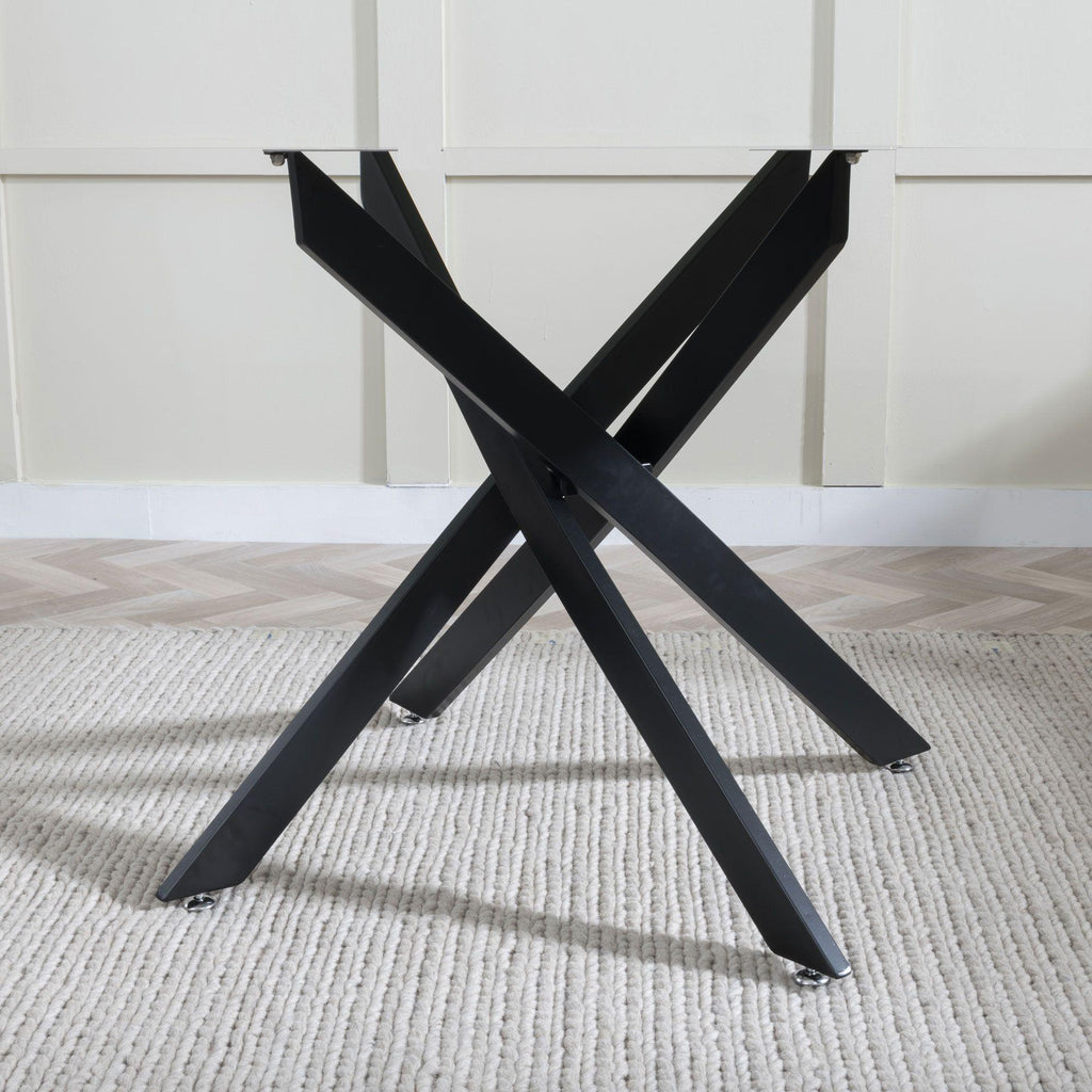 Sutton 110cm White and Black Round Dining Table - Glass Top with Marble Effect