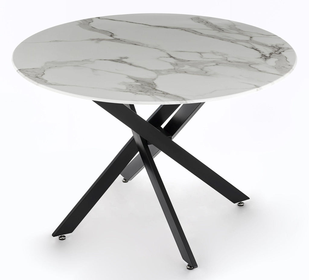 Sutton 110cm White and Black Round Dining Table - Glass Top with Marble Effect