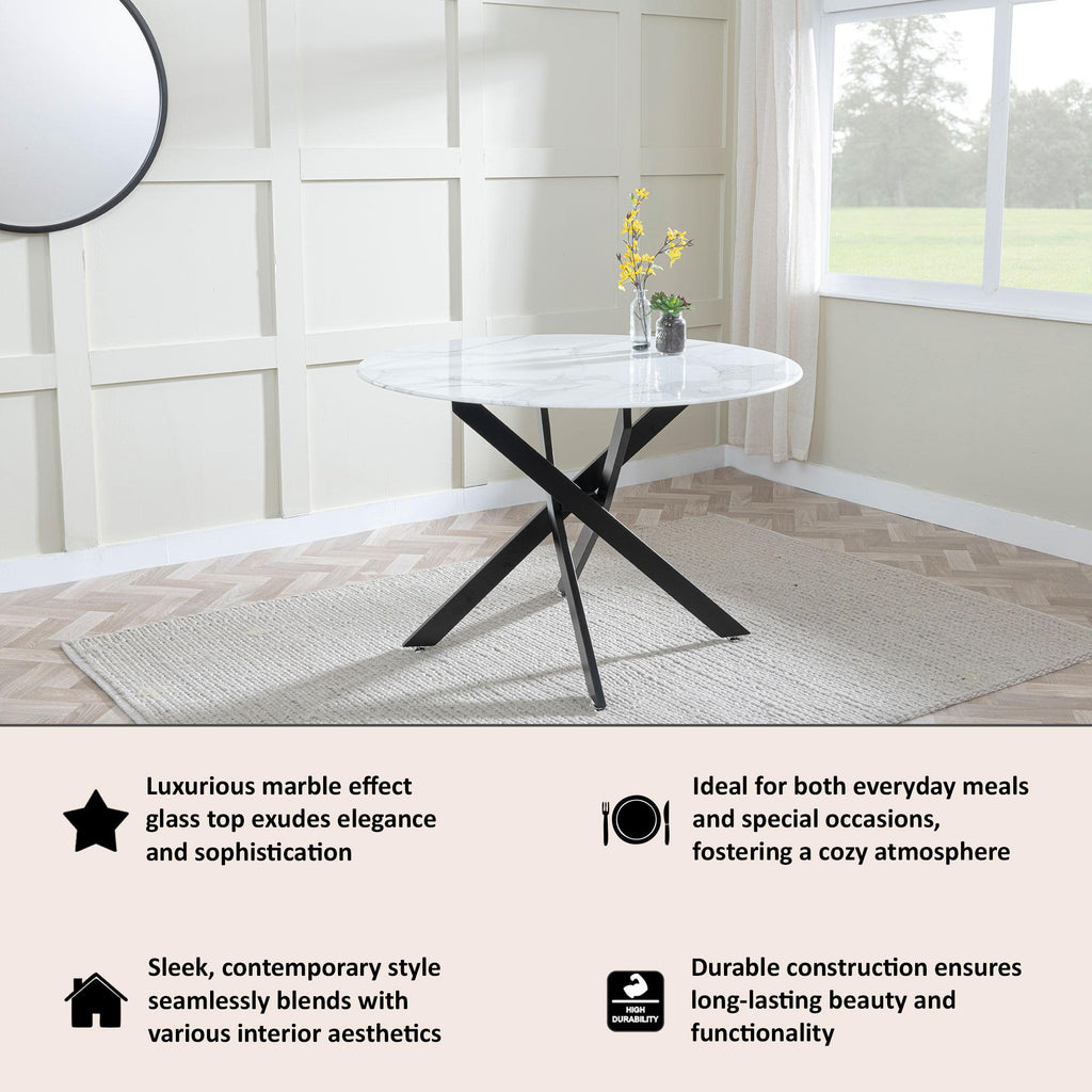 Sutton 110cm White and Black Round Dining Table - Glass Top with Marble Effect