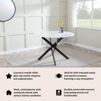 Sutton 110cm White and Black Round Dining Table - Glass Top with Marble Effect