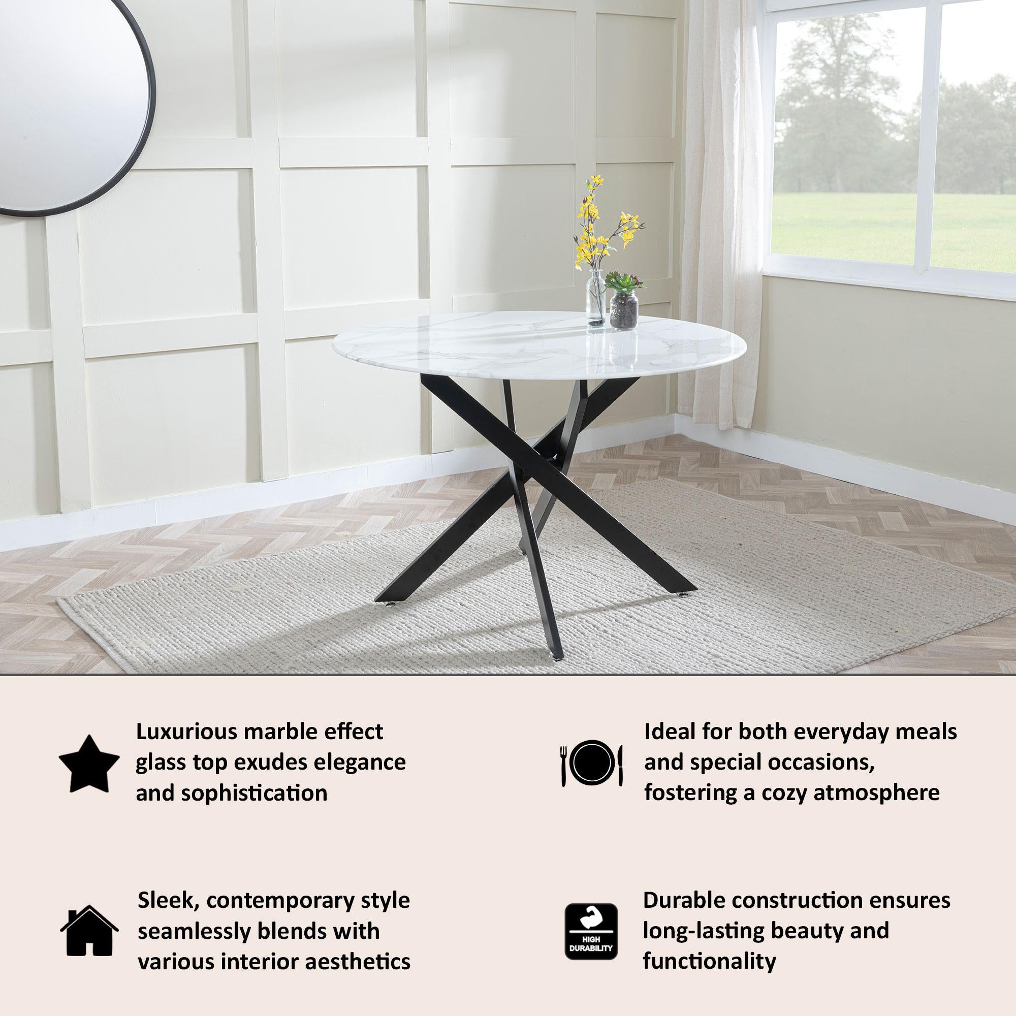 Sutton 110cm White and Black Round Dining Table - Glass Top with Marble Effect