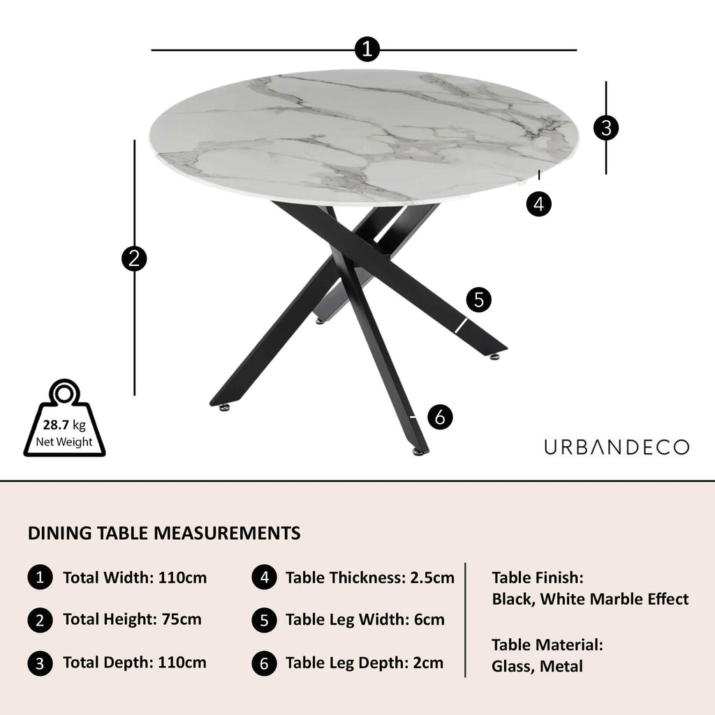 Sutton 110cm White and Black Round Dining Table - Glass Top with Marble Effect