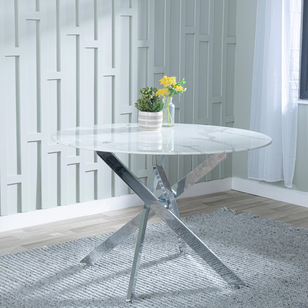 Sutton 110cm White and Chrome Round Dining Table - Glass Top with Marble Effect