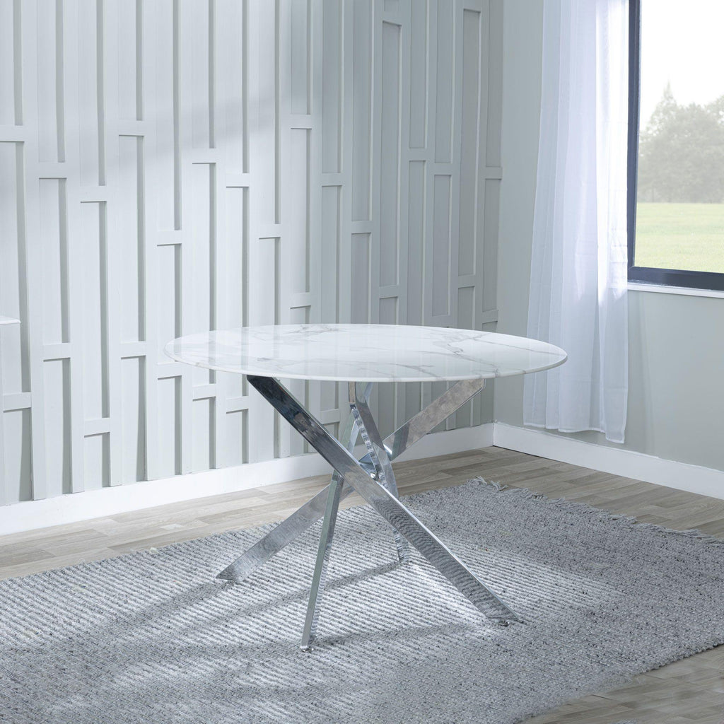 Sutton 110cm White and Chrome Round Dining Table - Glass Top with Marble Effect