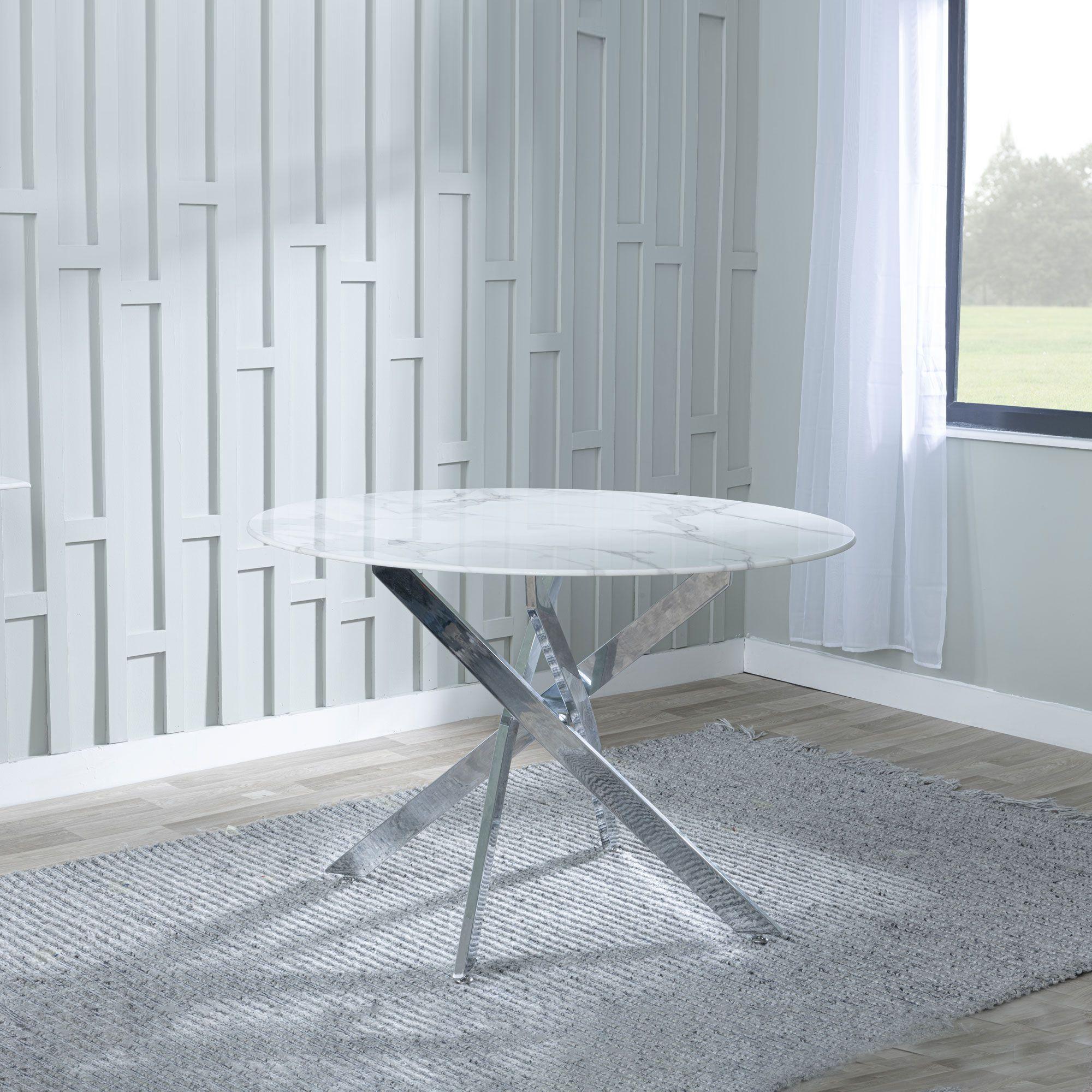Sutton 110cm White and Chrome Round Dining Table - Glass Top with Marble Effect