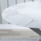 Sutton 110cm White and Chrome Round Dining Table - Glass Top with Marble Effect
