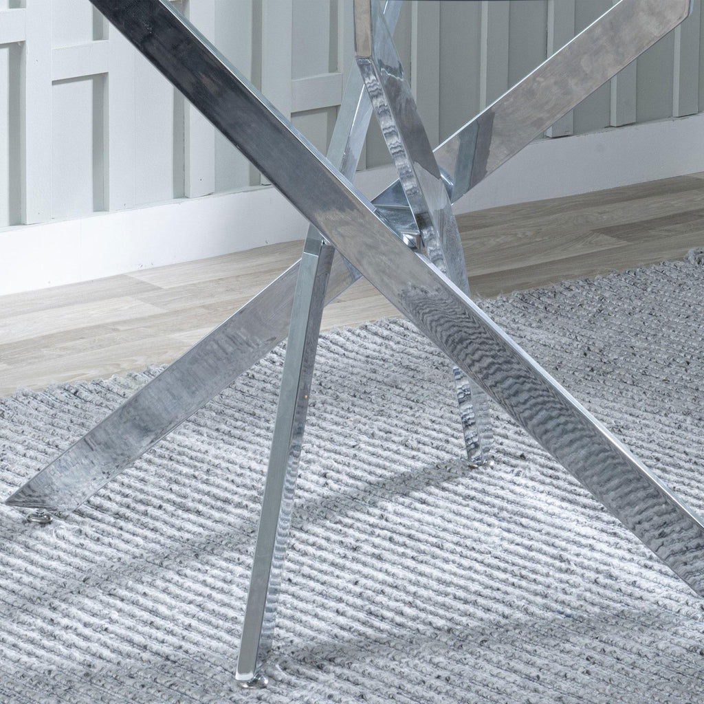 Sutton 110cm White and Chrome Round Dining Table - Glass Top with Marble Effect