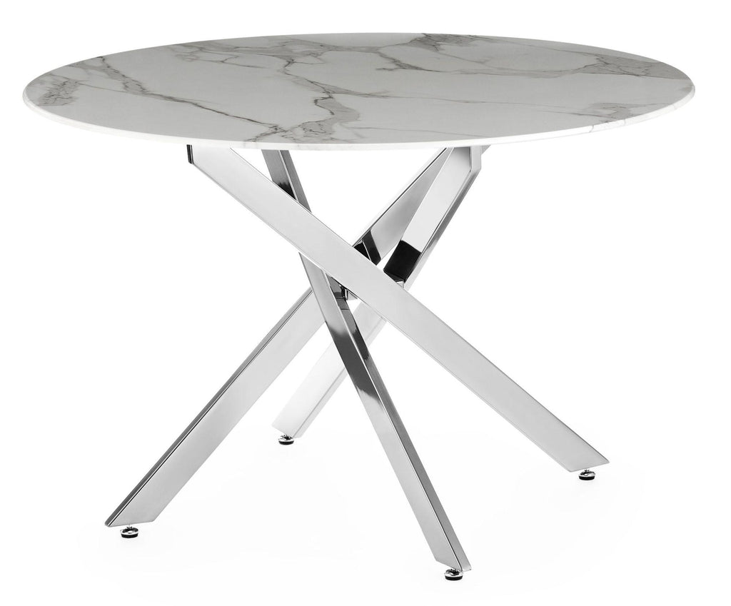 Sutton 110cm White and Chrome Round Dining Table - Glass Top with Marble Effect