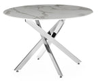 Sutton 110cm White and Chrome Round Dining Table - Glass Top with Marble Effect