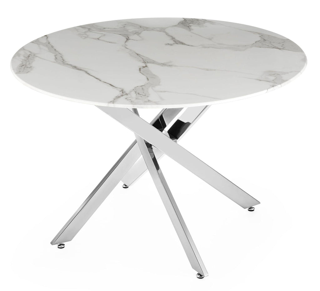 Sutton 110cm White and Chrome Round Dining Table - Glass Top with Marble Effect