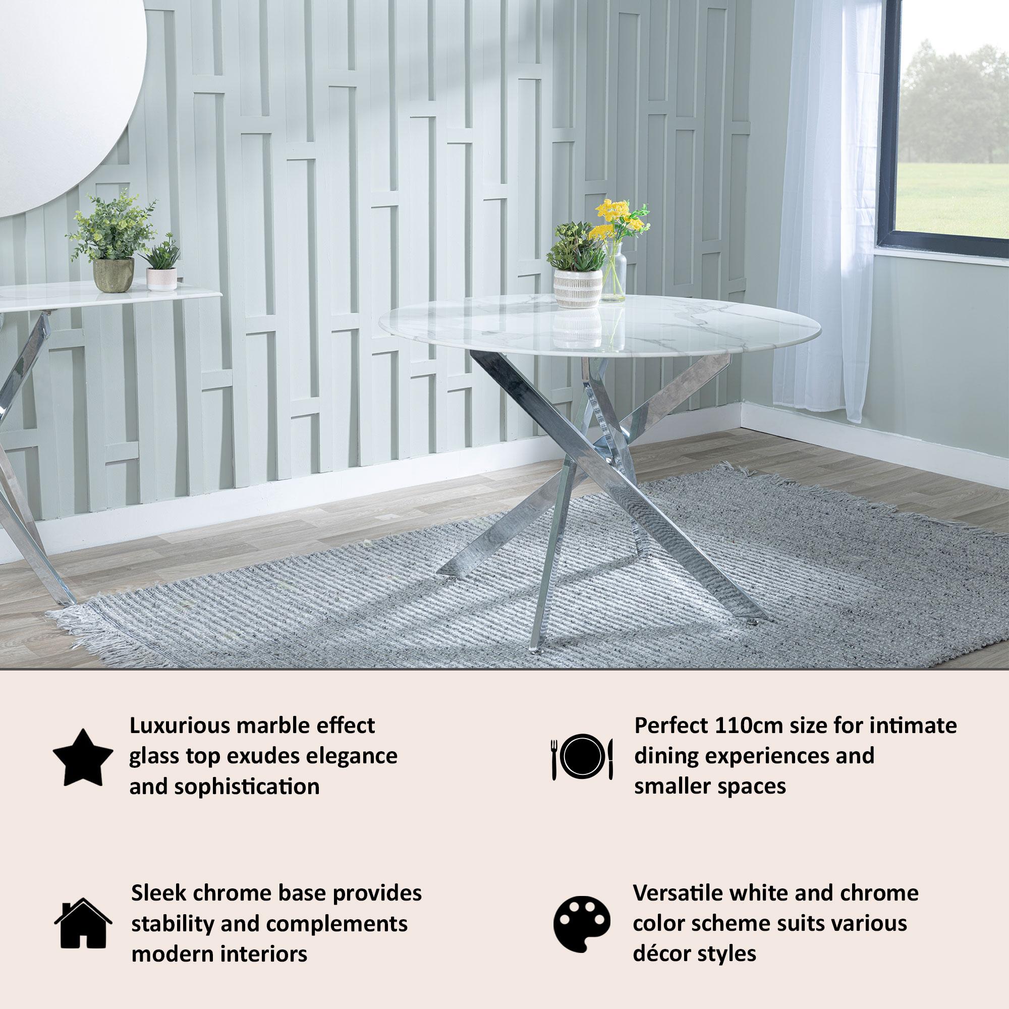 Sutton 110cm White and Chrome Round Dining Table - Glass Top with Marble Effect