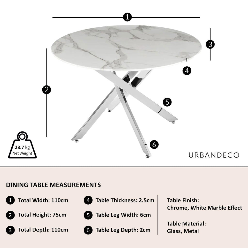 Sutton 110cm White and Chrome Round Dining Table - Glass Top with Marble Effect