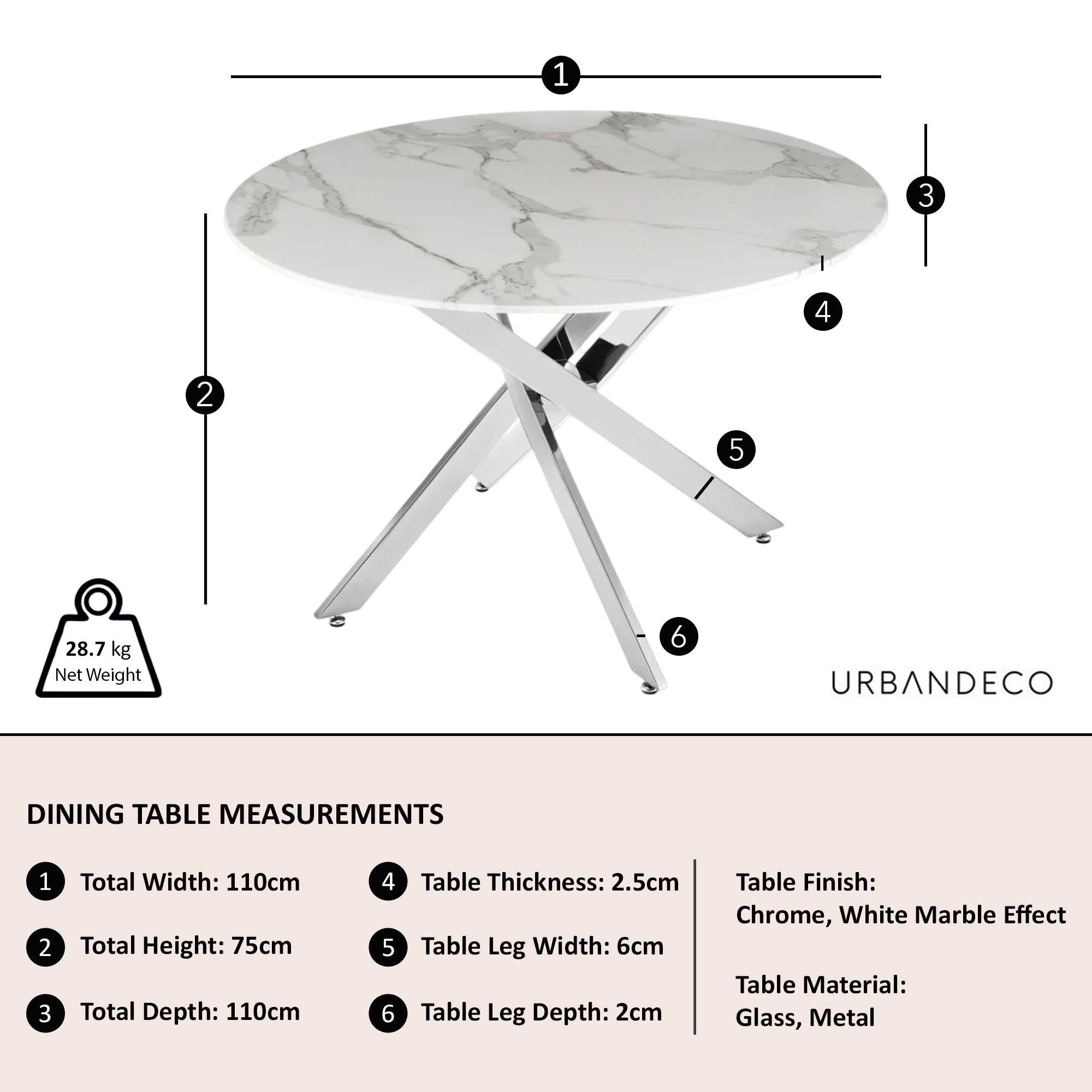 Sutton 110cm White and Chrome Round Dining Table - Glass Top with Marble Effect