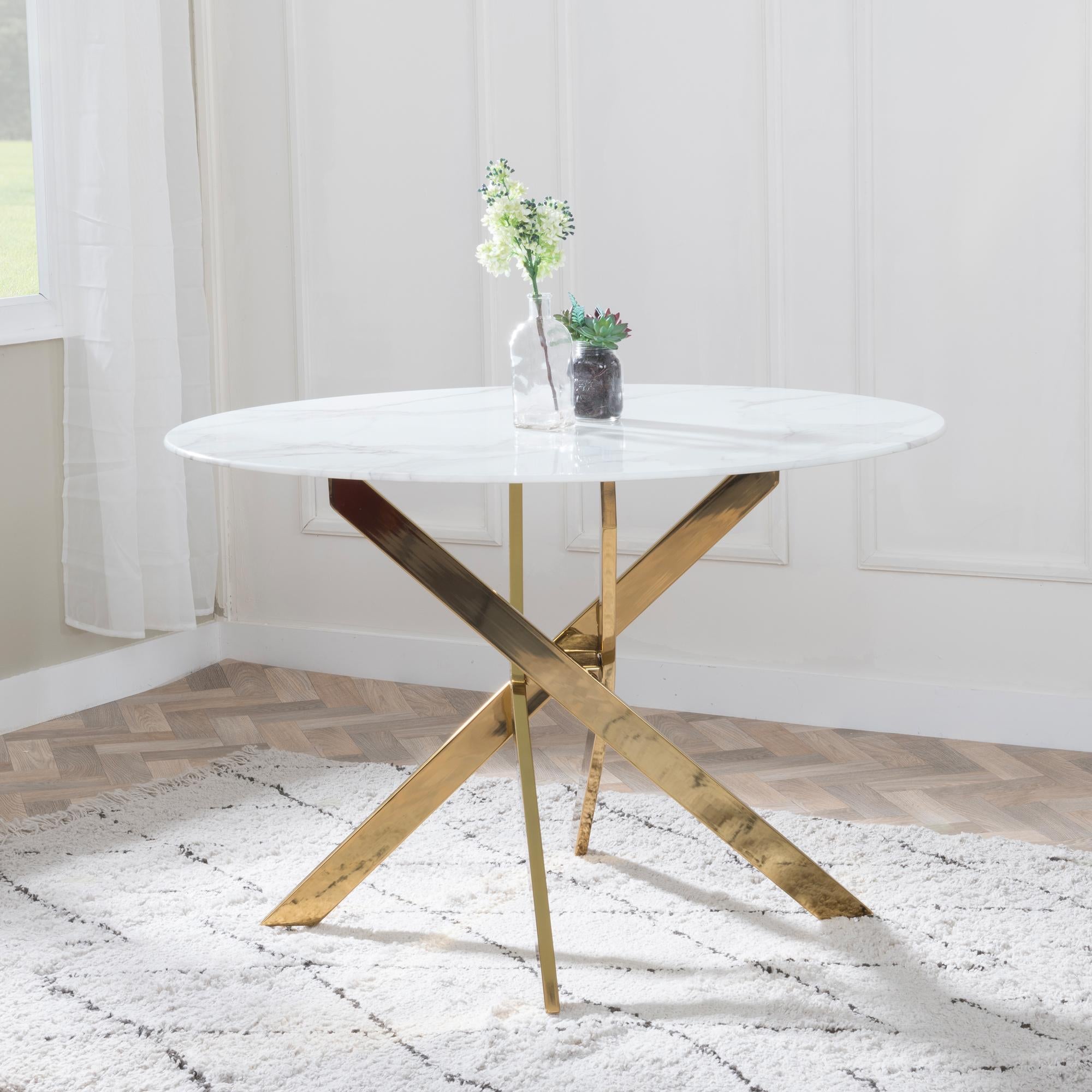 Sutton 110cm White and Gold Round Dining Table - Glass Top with Marble Effect