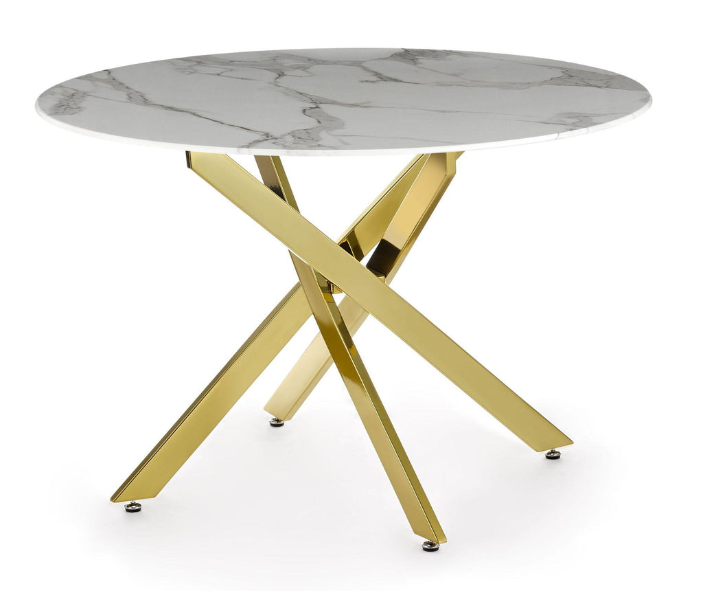 Sutton 110cm White and Gold Round Dining Table - Glass Top with Marble Effect