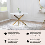 Sutton 110cm White and Gold Round Dining Table - Glass Top with Marble Effect