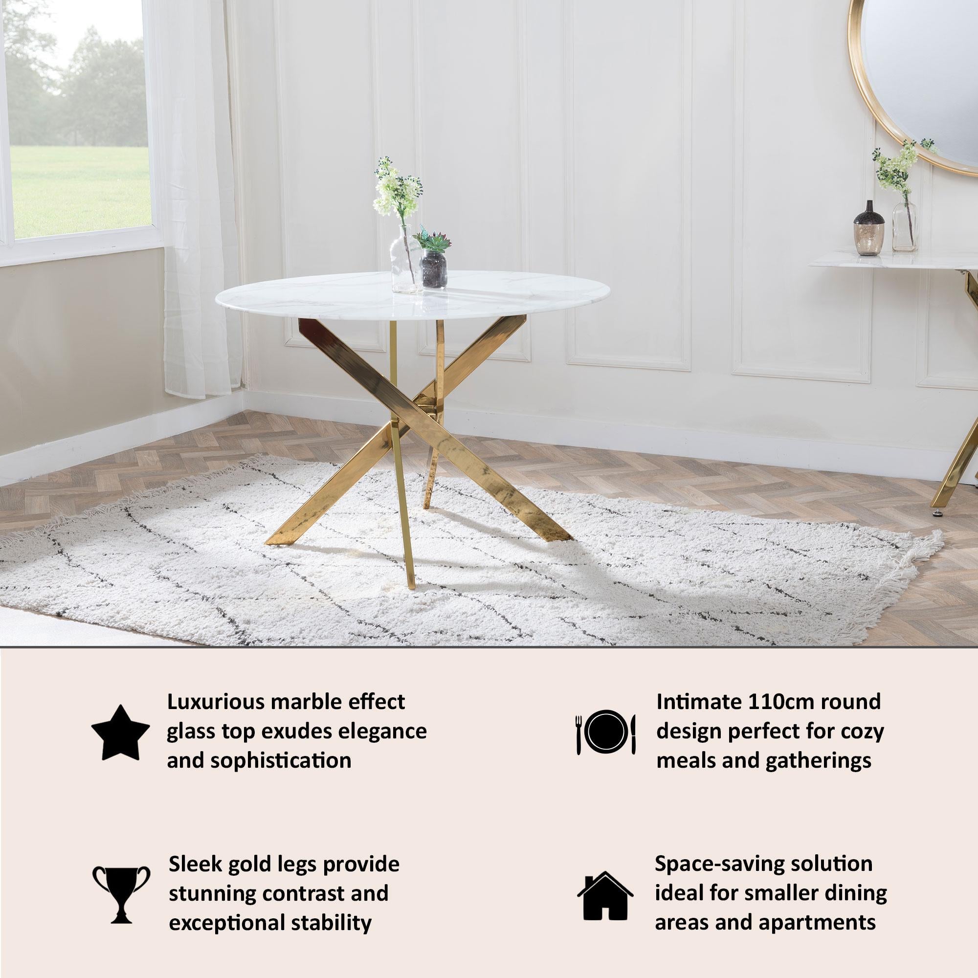 Sutton 110cm White and Gold Round Dining Table - Glass Top with Marble Effect