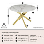 Sutton 110cm White and Gold Round Dining Table - Glass Top with Marble Effect