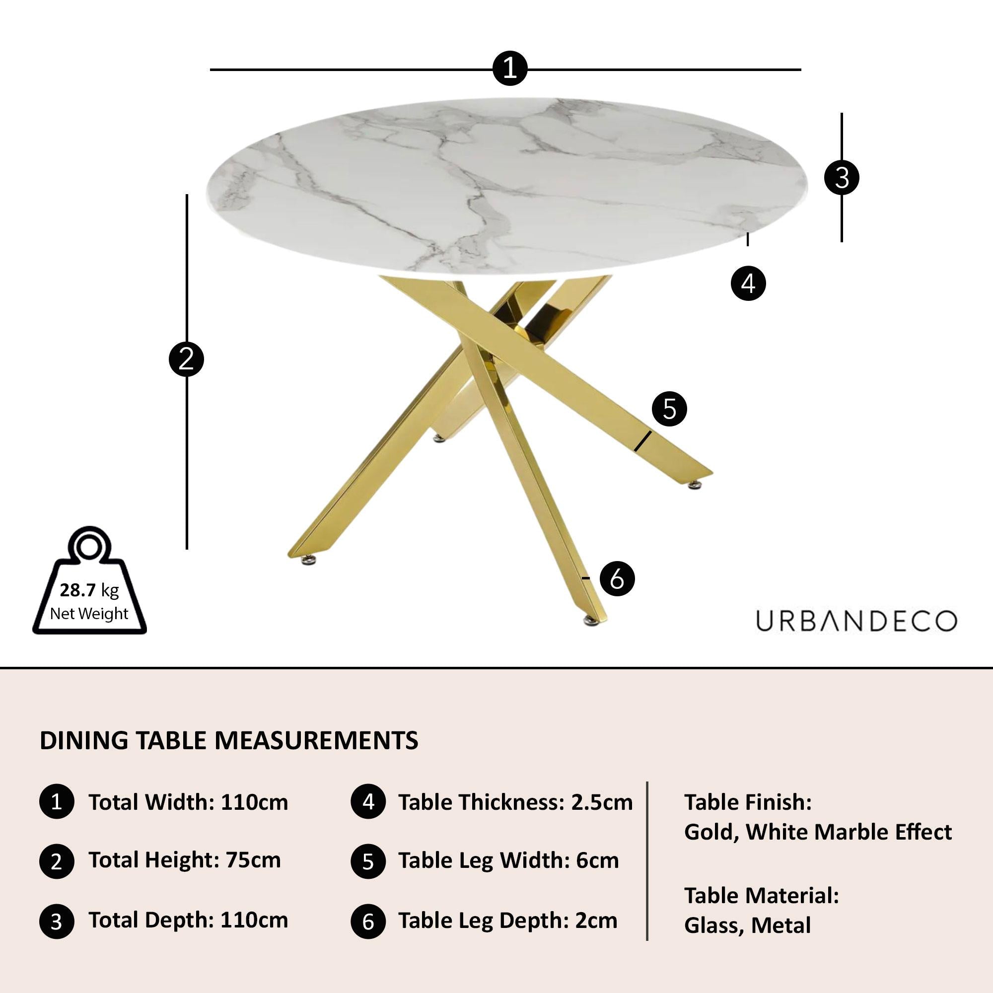 Sutton 110cm White and Gold Round Dining Table - Glass Top with Marble Effect